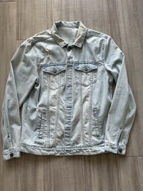 Light Wash Denim Jacket - Men's Light Blue Casual Jacket(Large)